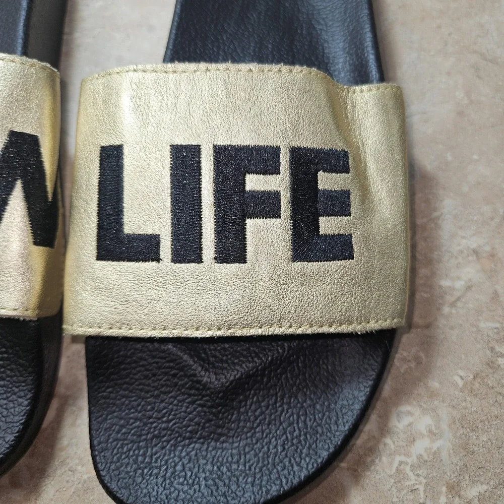 Crew Life Sandals Men 8 Women 10 Black Gold Metallic Slide Pool Slip On Beachy